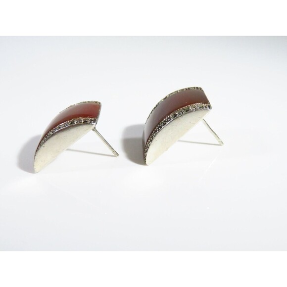 Vintage Art Deco Style Sterling Silver Marcasite Carnelian Arched Post Back Earr - Picture 6 of 8